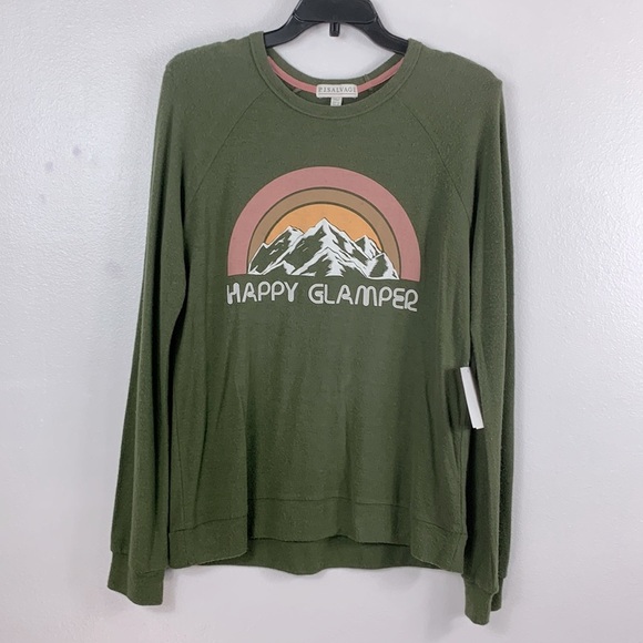 PJ Salvage Women's Olive Happy Glamper Graphic Long Sleeve Top - Picture 3 of 6